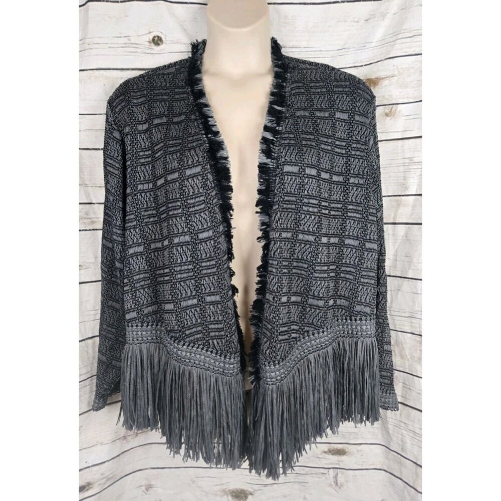 Nic + Zoe Black Gray Fringed Sweater Jacket